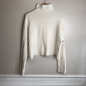 Open Edit Ribbed Cream Mock Neck Sweater Size Large Cropped Wool Blend EUC
